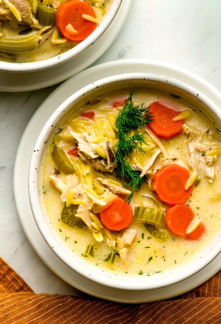 bowls of chicken and lemon orzo soup