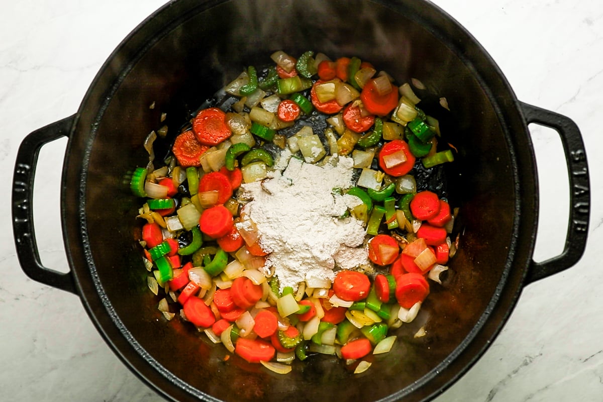 flour for thickening added to mirepoix for chicken soup