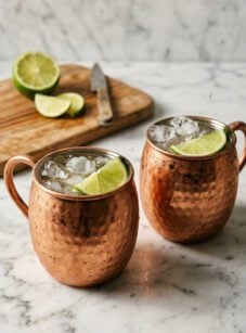 Moscow Mules on white marble countertop.