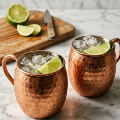 Moscow Mules on white marble countertop.