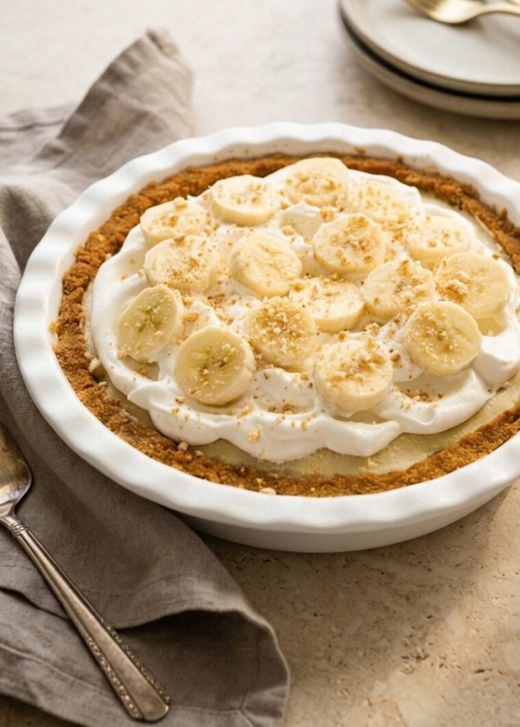 banana cream pie with a linen napkin and stack of plates