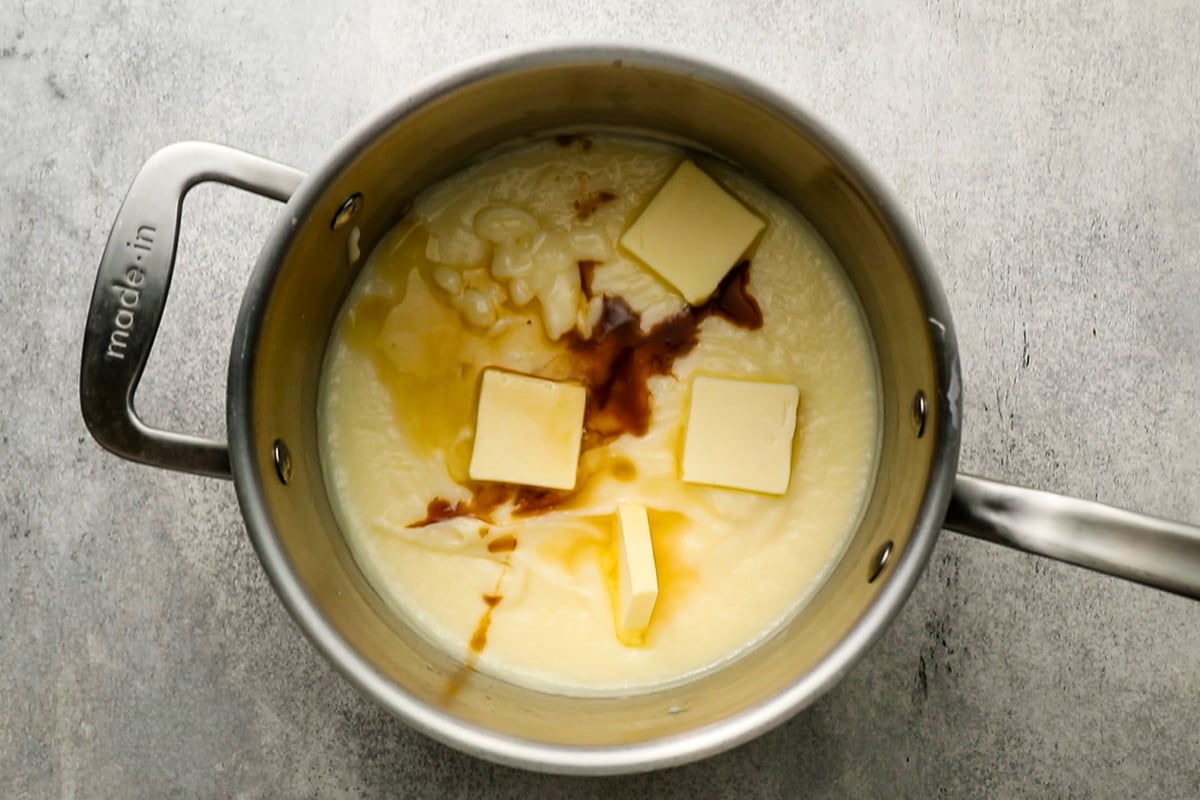 medium saucepan with vanilla, butter, and bourbon added to custard