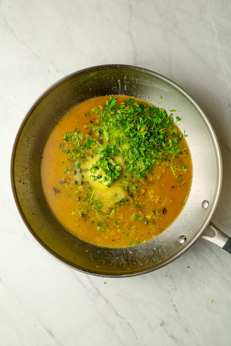 Making pan sauce for chicken piccata meatballs
