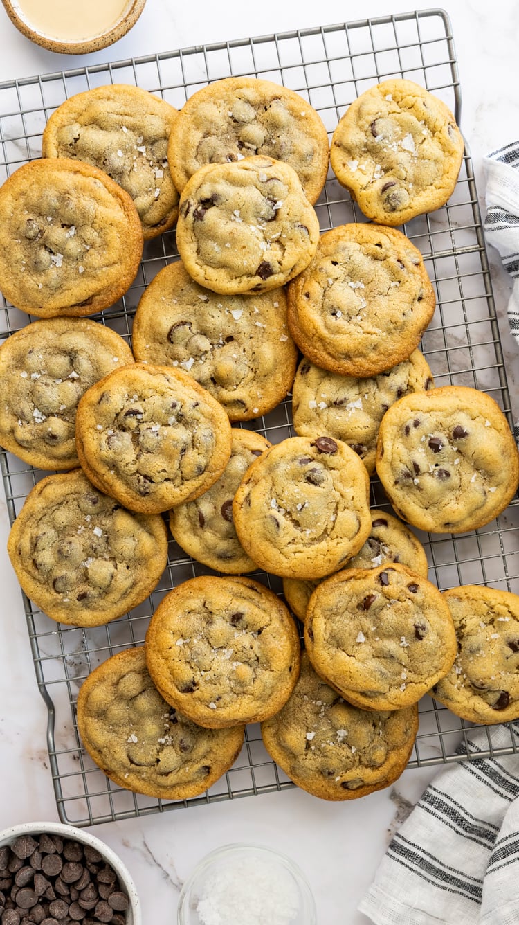 tahini chocolate chip cookies cooling on rack