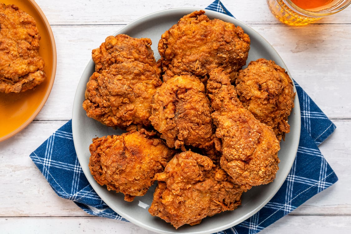 Fried chicken on platter.