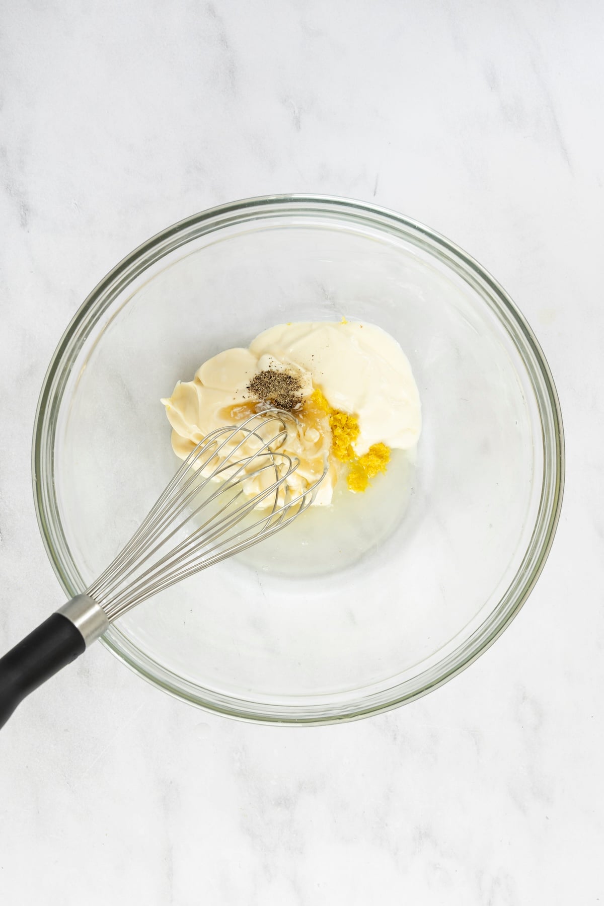 waldorf salad dressing ingredients in mixing bowl