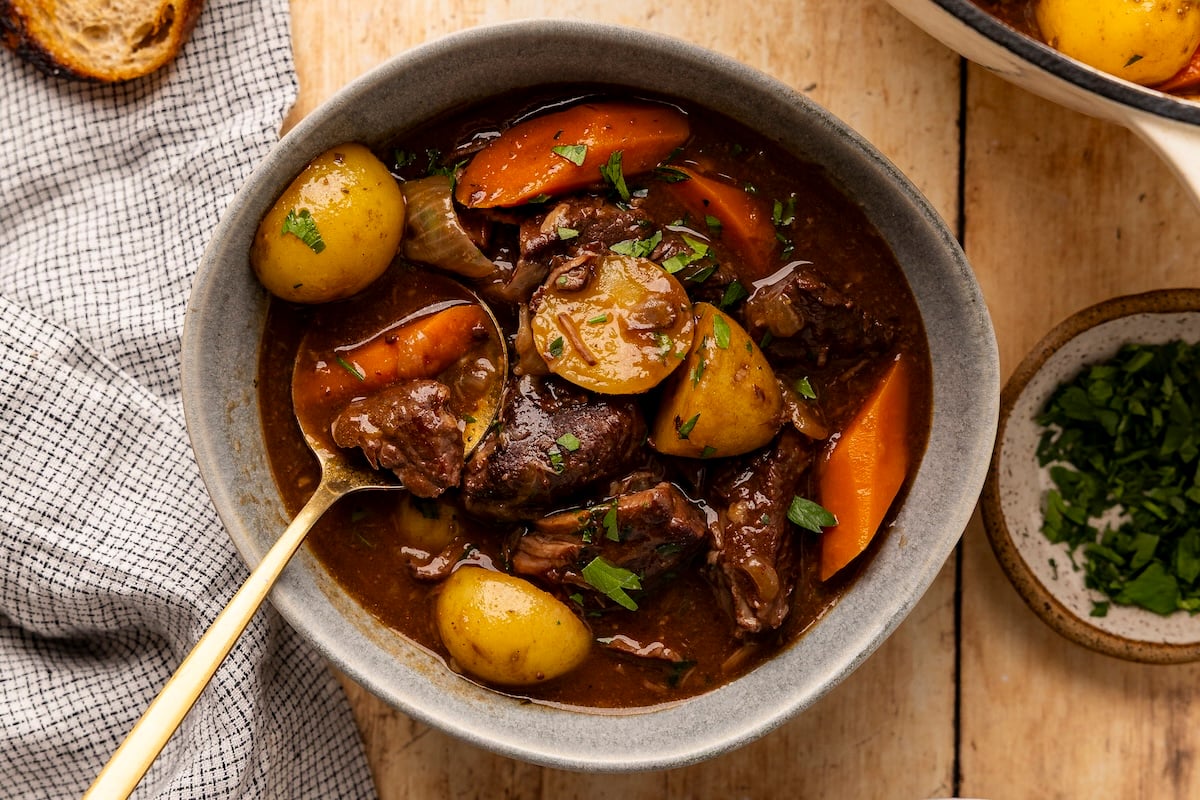Bowl of hearty beef stew.