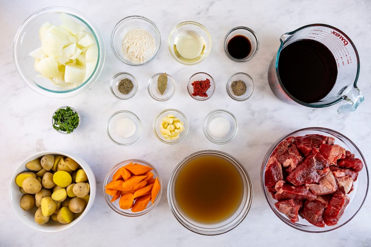 Ingredients to make beef stew with vegetables.