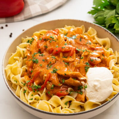 Chicken Paprikash over egg noodles with dollop of sour cream.