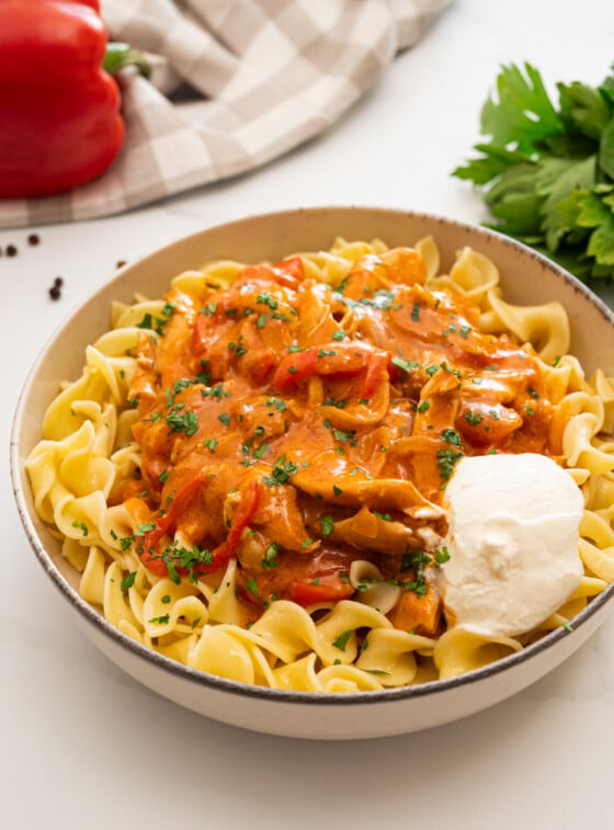 Chicken Paprikash over egg noodles with dollop of sour cream.