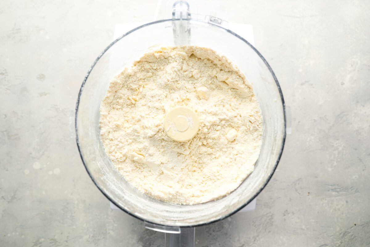 Crumbly dry ingredients with butter blended in.