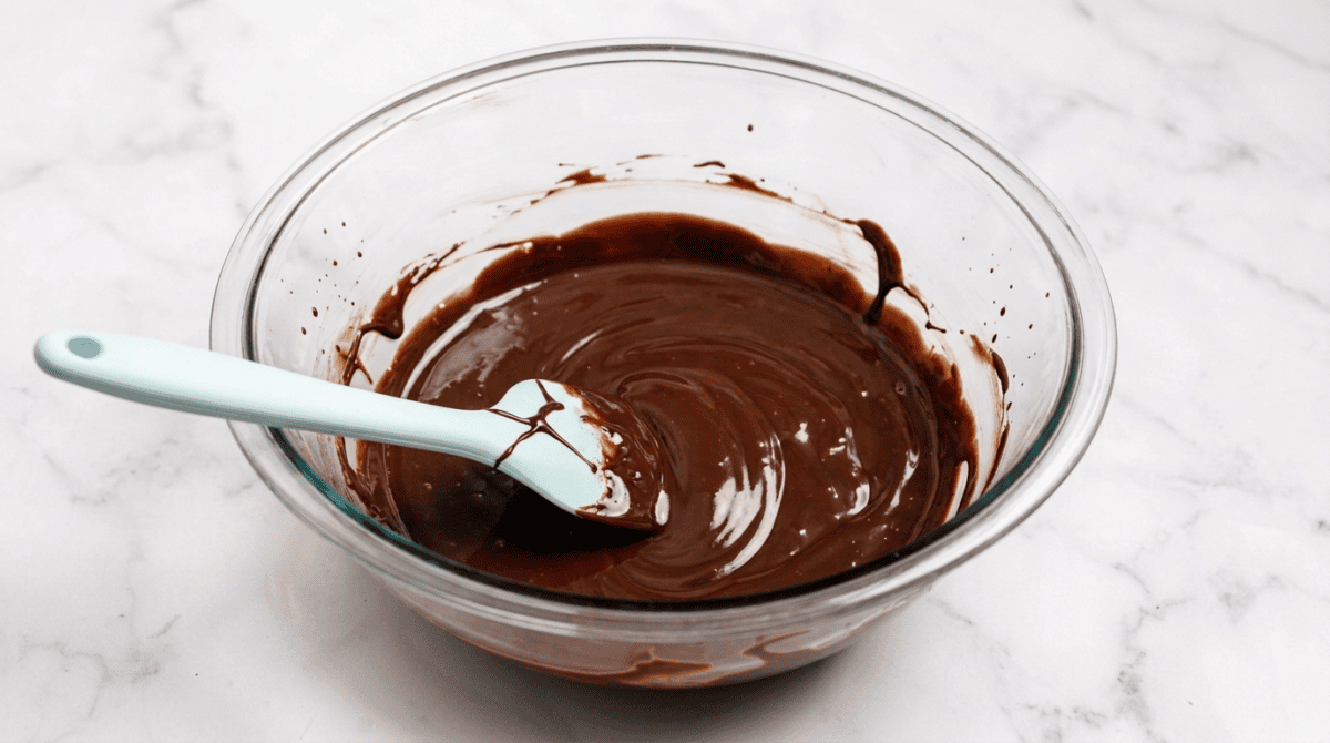 chocolate_ganache_in_bowl_1 Spatula in a bowl of chocolate ganache.