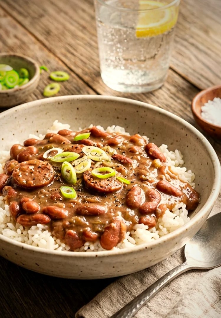 Red beans and rice on wooden table.