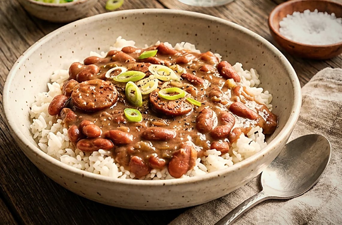 Red beans and rice on wooden table with spoon.